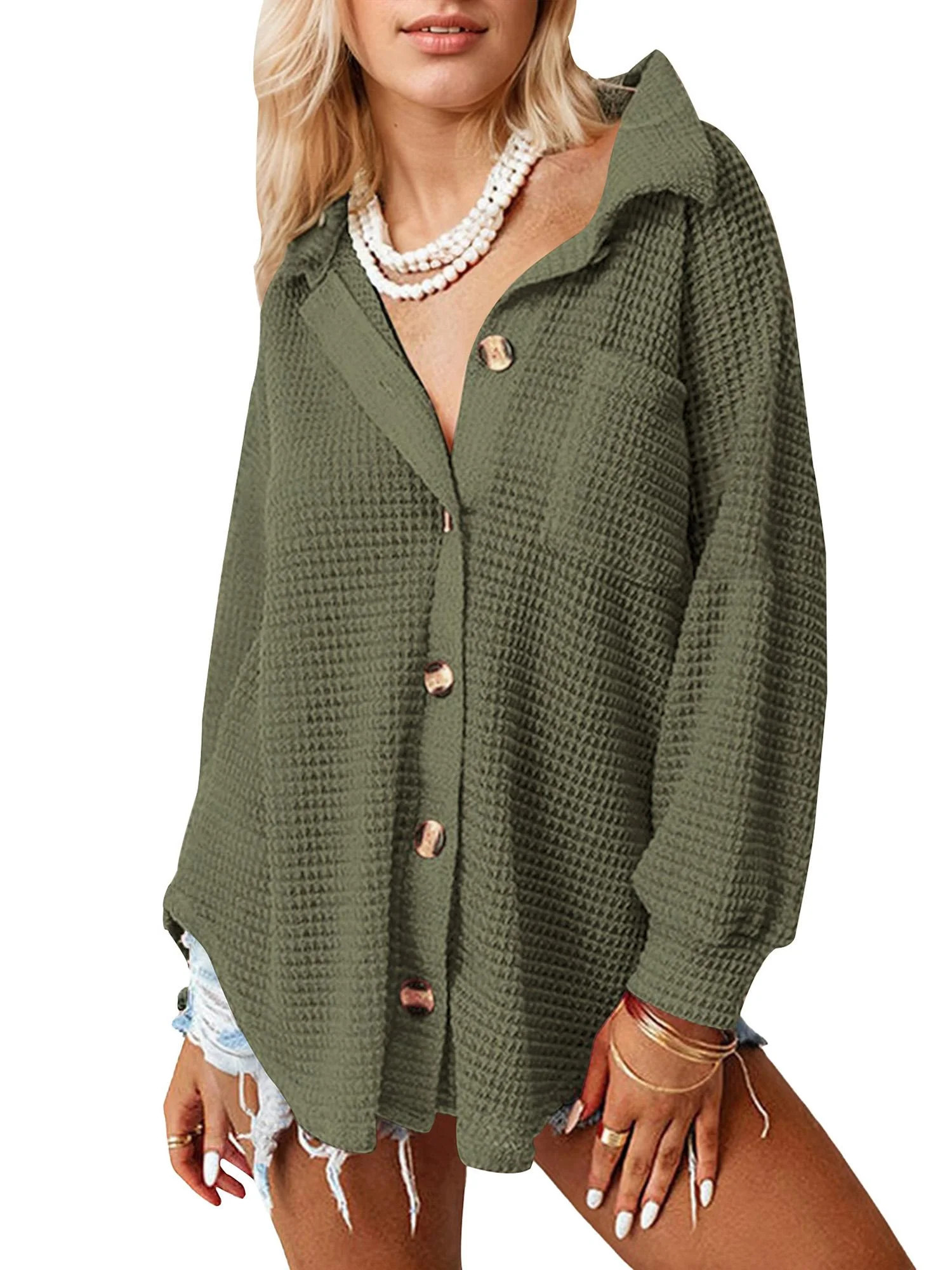 Weardear Womens Waffle Knit Shacket Jacket Casual Long Sleeve Button Down Shirts Dressy Blouses T... | Walmart (US)