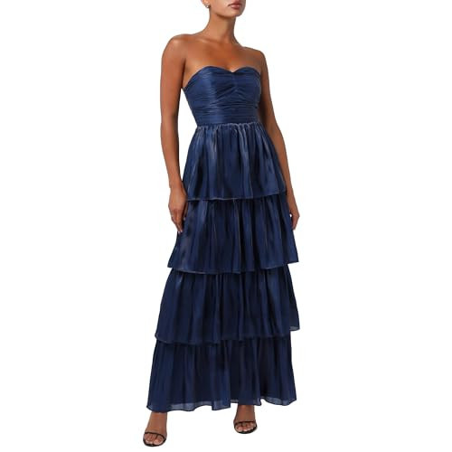 Lulus Bella Tiered Maxi Dress for Women Elegant Strapless Pleated Sweetheart Bodice, Satin Formal A-Line Maxi Dress with Ruffled Tiers Navy | Amazon (US)