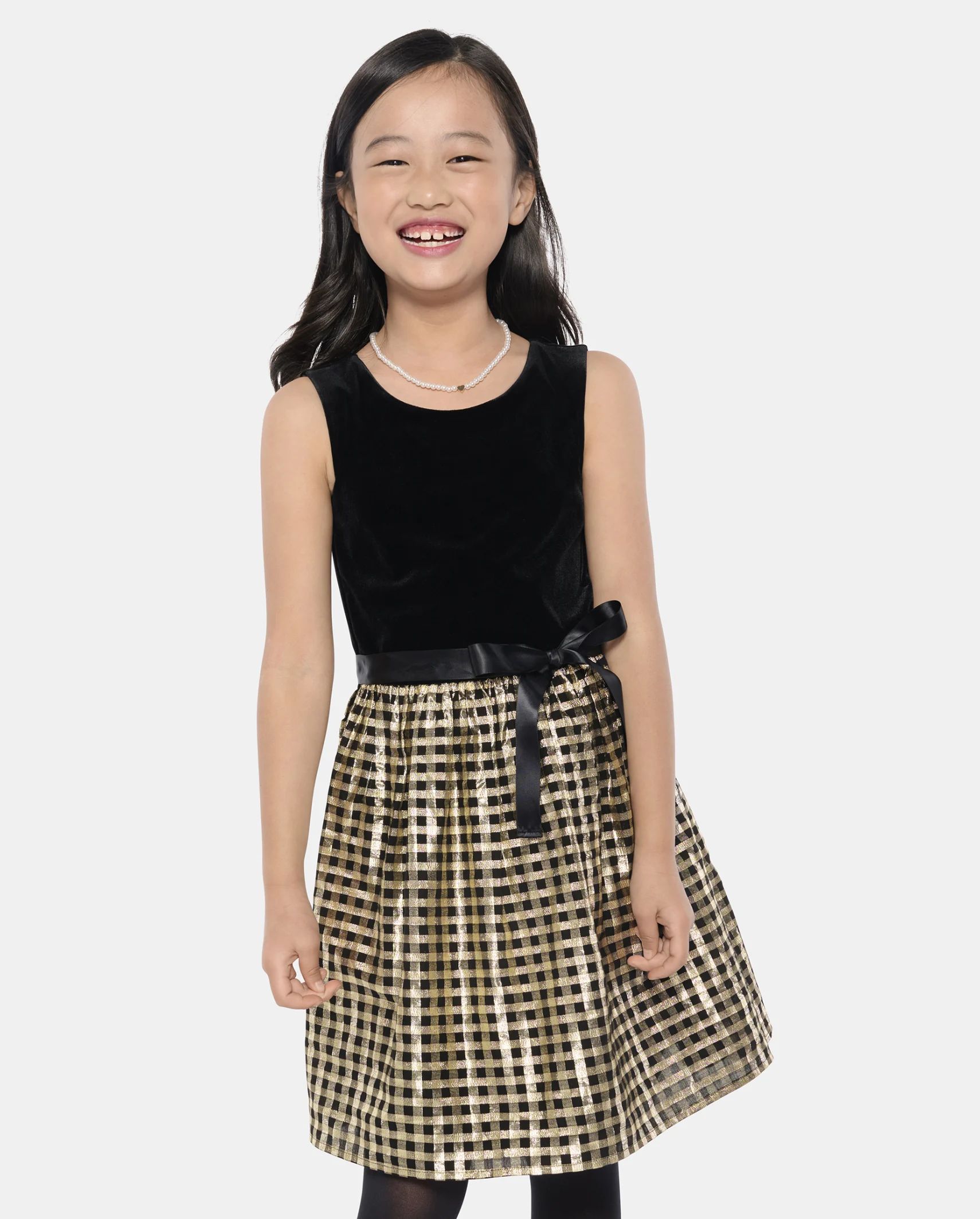 Girls Christmas Sleeveless Gingham Velour Knit Fit And Flare Dress | The Children's Place  - BLAC... | The Children's Place