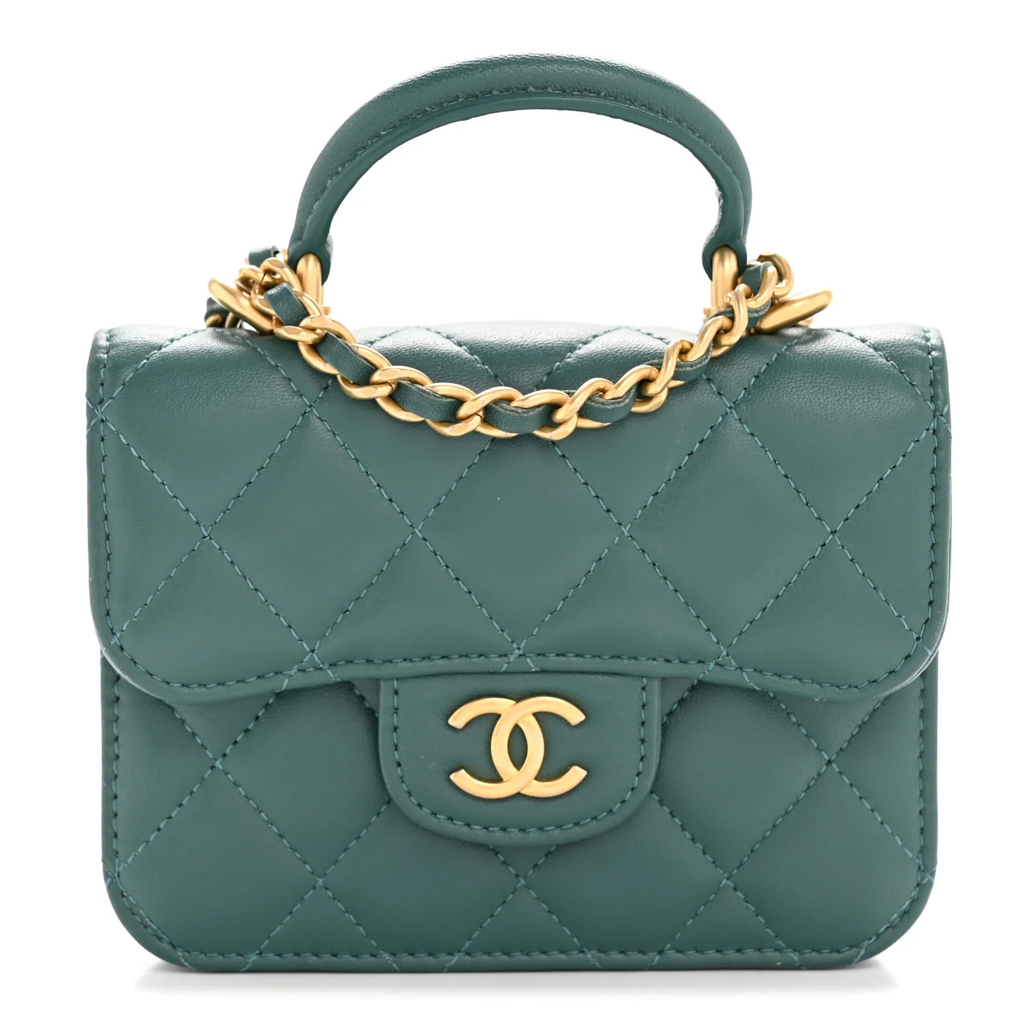 Lambskin Quilted Top Handle Flap Coin Purse With Chain Green | FASHIONPHILE (US)