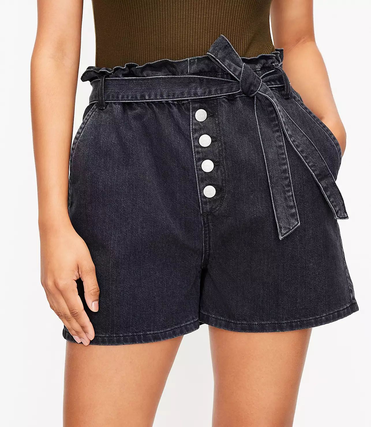 Paperbag Pull On Denim Shorts in Black | LOFT