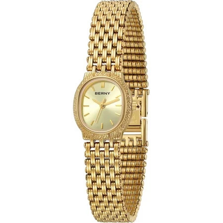 BERNY Small Gold Watches for Women, Dainty Vintage Oval Dial Stainless Steel Bracelet Watch, Adjustment Tool Included, Waterproof, Minimalist Luxury Ladies Analog Quartz Wrist Watch (Gold) | Walmart (US)