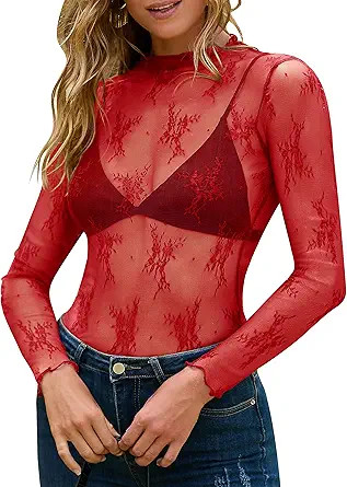 MEROKEETY Womens 2025 Mesh Sheer Lace Long Sleeve Top Sexy Y2k Mock Neck See Through Shirt Blouse... | Amazon (US)