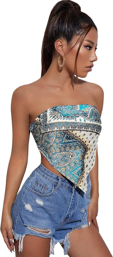Floerns Women's Graphic Print Tie Back Strapless Bandana Tube Top | Amazon (US)