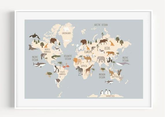 Kids Animal World Map Print World Map Nursery Children's | Etsy | Etsy (US)