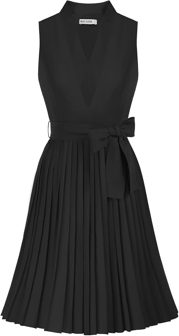 GRACE KARIN Women Elegant Pleated Swing Dress Solid Sleeveless V-Neck Work Dress | Amazon (US)