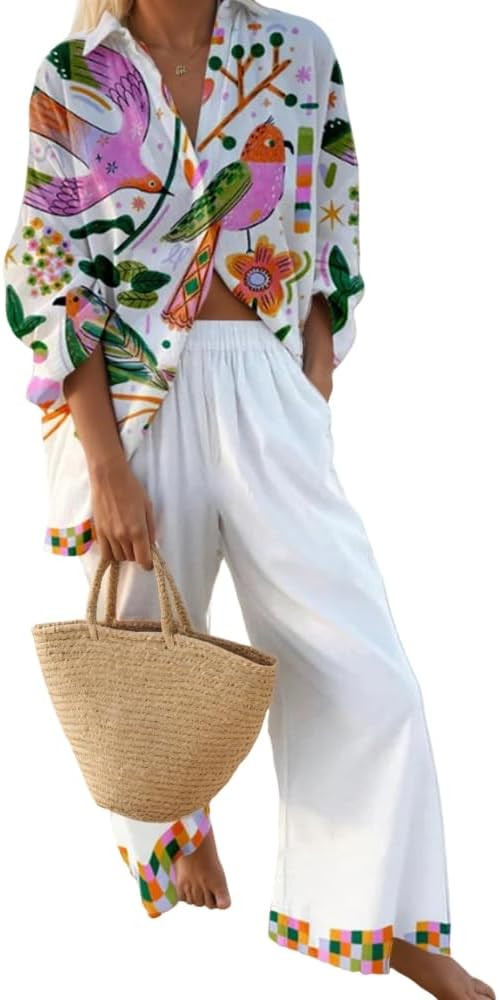 Akivide Womens Beach Vacation 2 Piece Outfits Long Sleeve Button Down Shirts and Matching Drawstr... | Amazon (US)