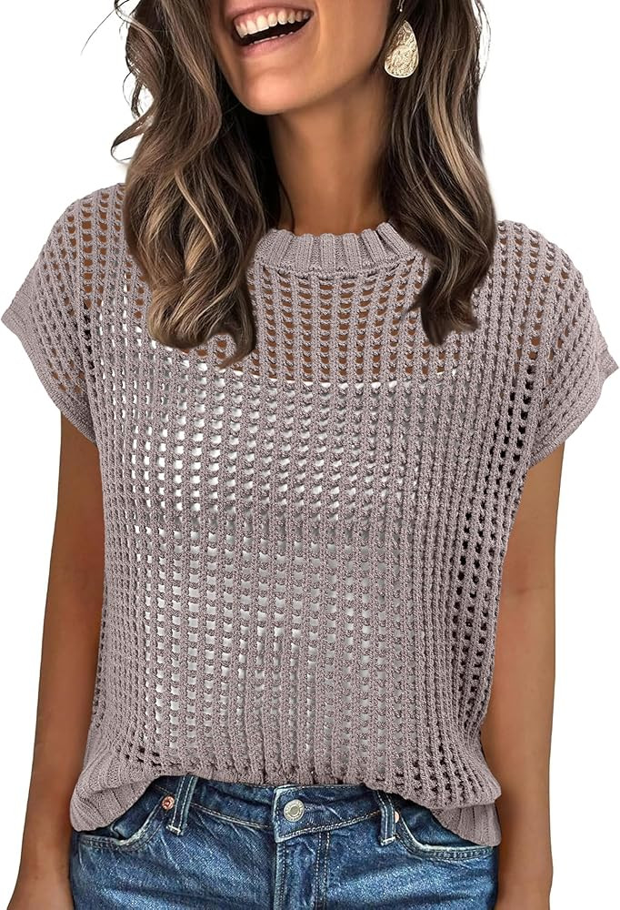 ANRABESS Womens Tops 2026 Trendy Summer Shirts Crochet Cap Sleeve Knitted Sweater Beach Vacation ... | Amazon (US)