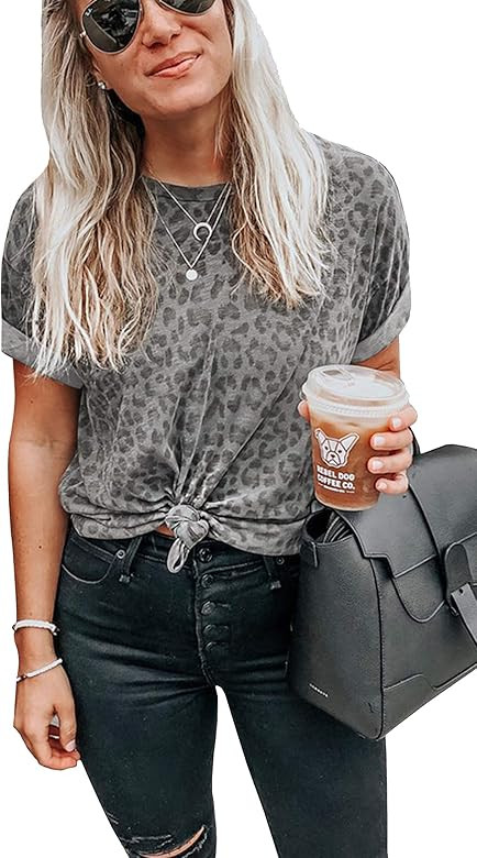 Women's Short Sleeve Round Neck Printed Shirt Leopard Casual Top Blouse | Amazon (US)