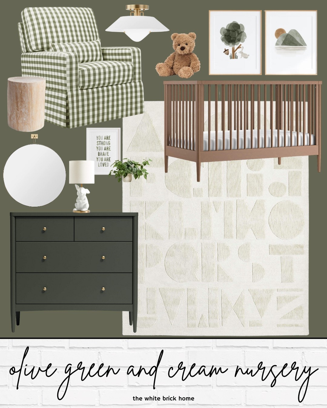 I love this chair for a green nursery - especially paired with this olive green dresser and fun alphabet rug! 

Nursery, nursery decor, nursery finds, crib, nursery dresser, nursery storage, nursery decor, nursery wall art, dresser, nursery rug, playroom rug, wall mirror, brass mirror, rocker, nursery glider, accent table, nursery wall art, nursery lighting, lamp, nursery finds, gender neutral nursery, green nursery, nursery nursery design, green nursery inspiration, home decor, home design, nursery accents, nursery finds, home decor, home design, baby, baby girl, baby boy, nursery crate and barrel, Etsy, pottery barn baby 

#LTKBump #LTKHome #LTKBaby