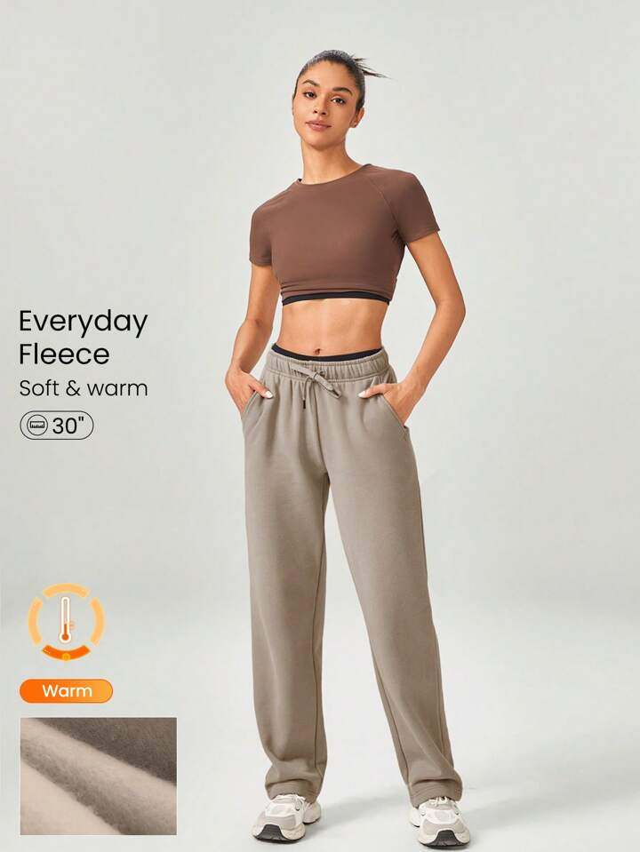 GLOWMODE 30'' Everyday Fleece Wide Leg Adjustable Drawstring Waist Basic Joggers Sweatpants With Side Pockets Daily Casual | SHEIN