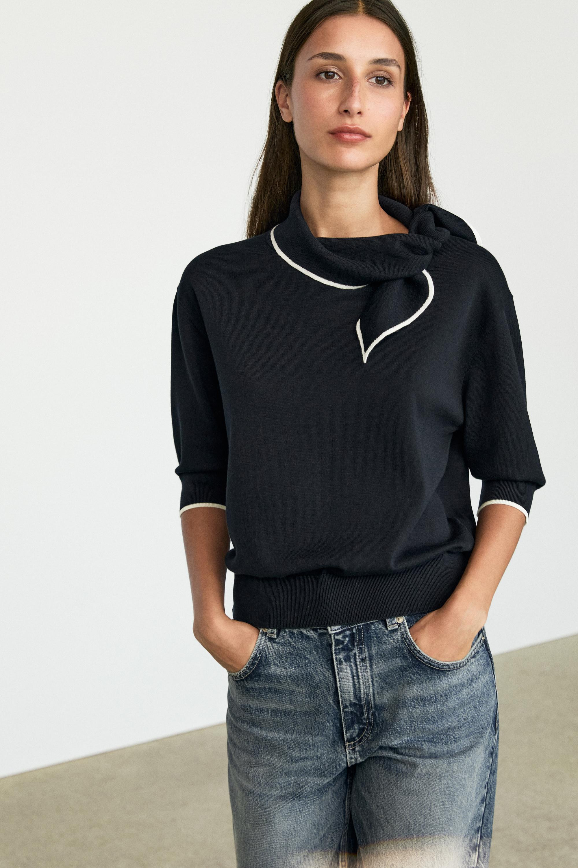 100% cotton knit sweater with scarf detail | Massimo Dutti UK