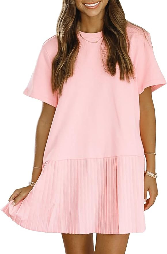 EXLURA Womens Summer Casual Short Sleeve Dress Crewneck Tshirt Dresses Pleated Aline Mini Dress 2... | Amazon (US)
