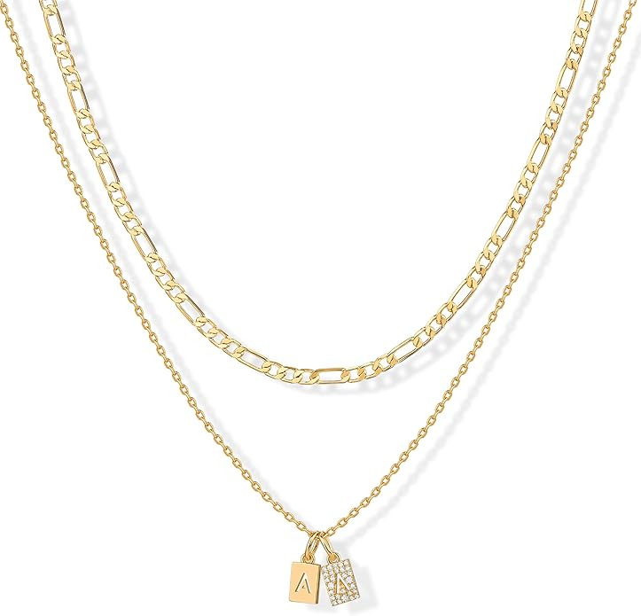 PAVOI 14K Gold Plated Initial Letter Double Dog Tag Pendant Necklace | Dainty Cubic Zirconia Lett... | Amazon (US)