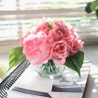 Enova Home Pink Rose and Peony Mixed Flower Arrangement in Round Glass Vase with Faux Water | Bed Bath & Beyond