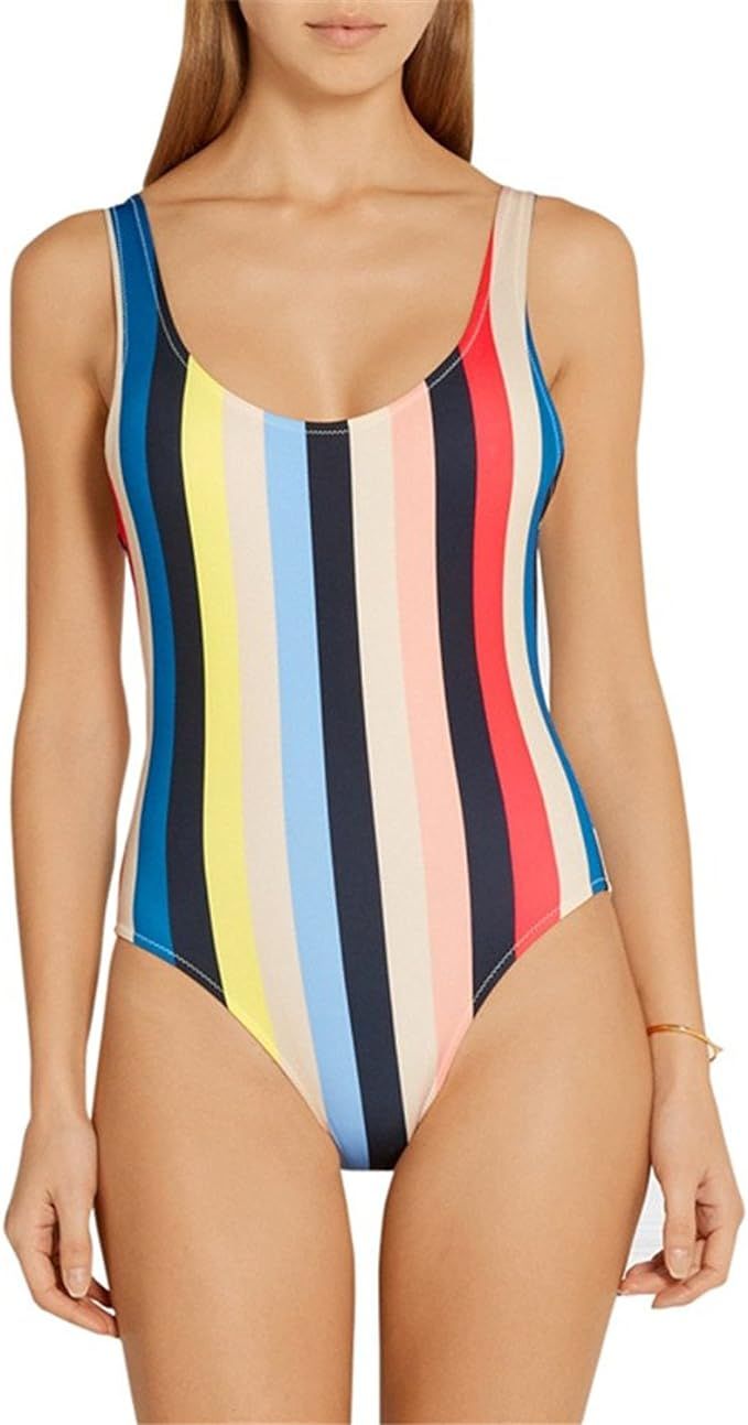 Kprdeo Womens One-Piece Beachwear Colorful Stripe High Cut Backless Swimsuit | Amazon (US)