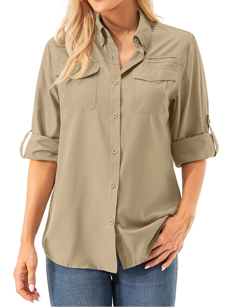 FEN AI Women UPF Sun Protection Safari Shirts Convertible Long Sleeve Button Down Shirt for Hikin... | Walmart (US)