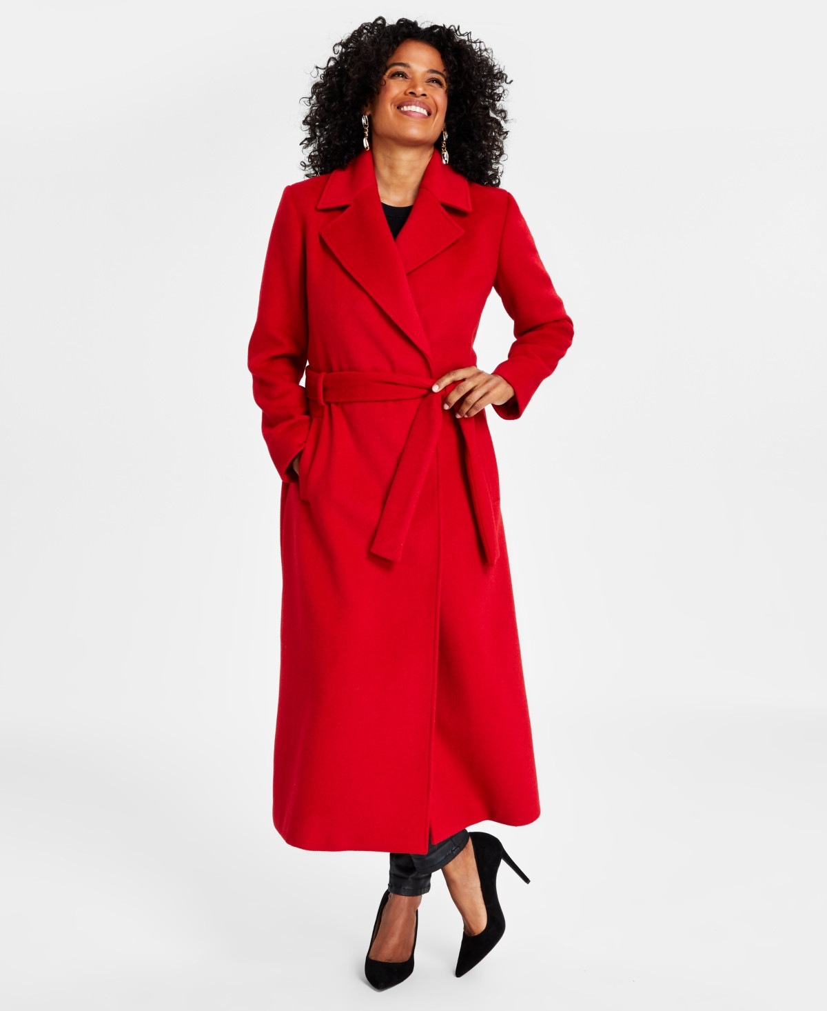 I.n.c. International Concepts Women's Solid Belted Wool Coat, Created for Macy's - Red Zenith | Macy's
