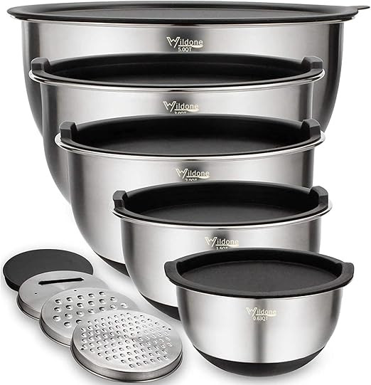 Mixing Bowls Set of 5, Wildone Stainless Steel Nesting Bowls with Airtight Lids, 3 Grater Attachm... | Amazon (CA)