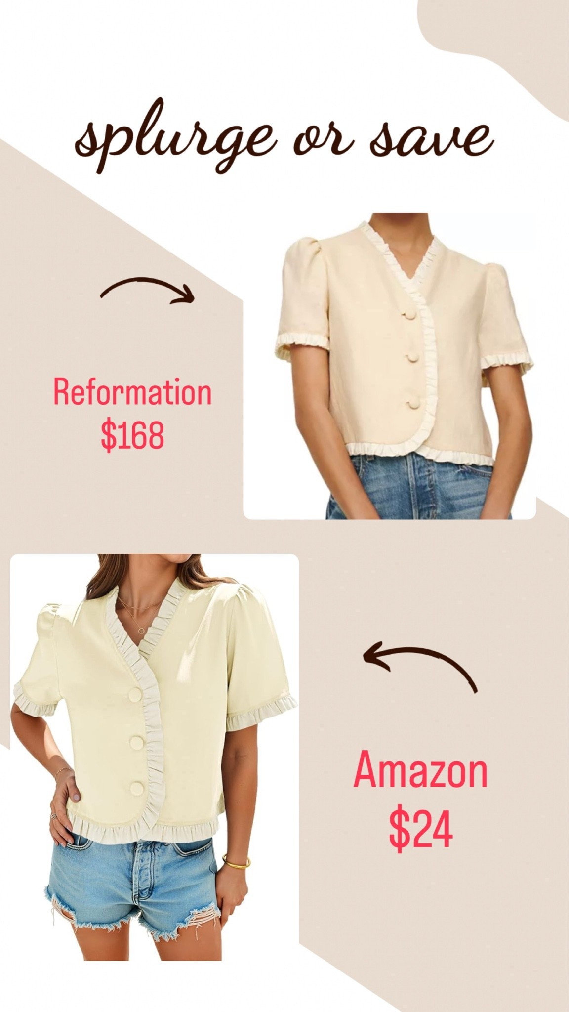 Splurge or save! 
Reformation look for less top
Reformation 
Spring top
Summer top

#LTKootd #LTKSaleAlert #LTKOver40