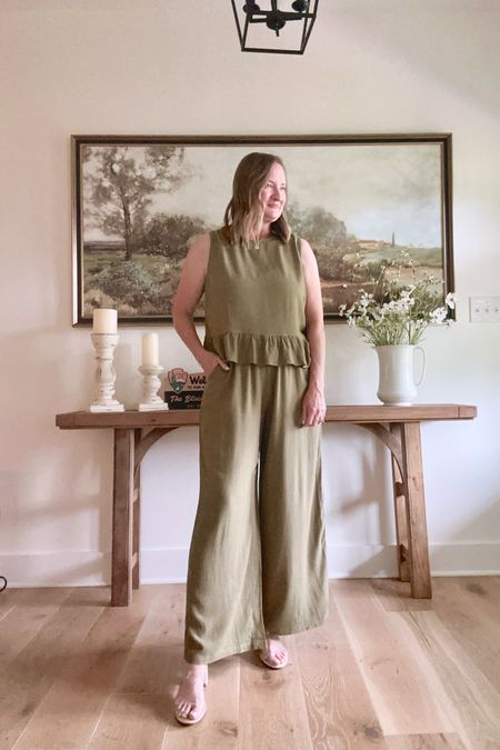 Amazon 2-piece sets for Spring and Summer  ☀️ They all have pockets, stretchy waistbands and come in several colors from @prettygarden_official.

Prettygarden Ruffle Tank Top & Wide Left Pants set in cotton/linen “Army Green” color
Dreampairs Clear Strap Heel Sandals
