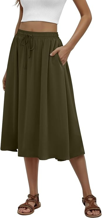 MLXSJ Women's Midi Skirt Summer Pleated Flowy Skirts with Pockets S-3XL | Elastic High Waisted | Amazon (US)
