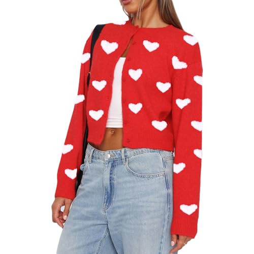 Women Valentines Crop Sweater Cardigan Love Long Sleeve Heart Printed Y2k Button Down Knitted Shirt Top (Red, L) | Amazon (US)