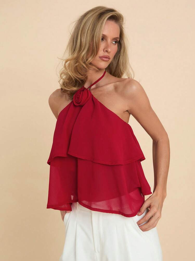 COSMINA Solid Color Loose Handmade Floral Decor Ruffle Hem Halter Top, Party Vest, New Year, Valentine's Day, Date Occasion, Wedding Guest Attire, Elegant Romantic Combination, Fashionable Item, Chiffon Fabric | SHEIN