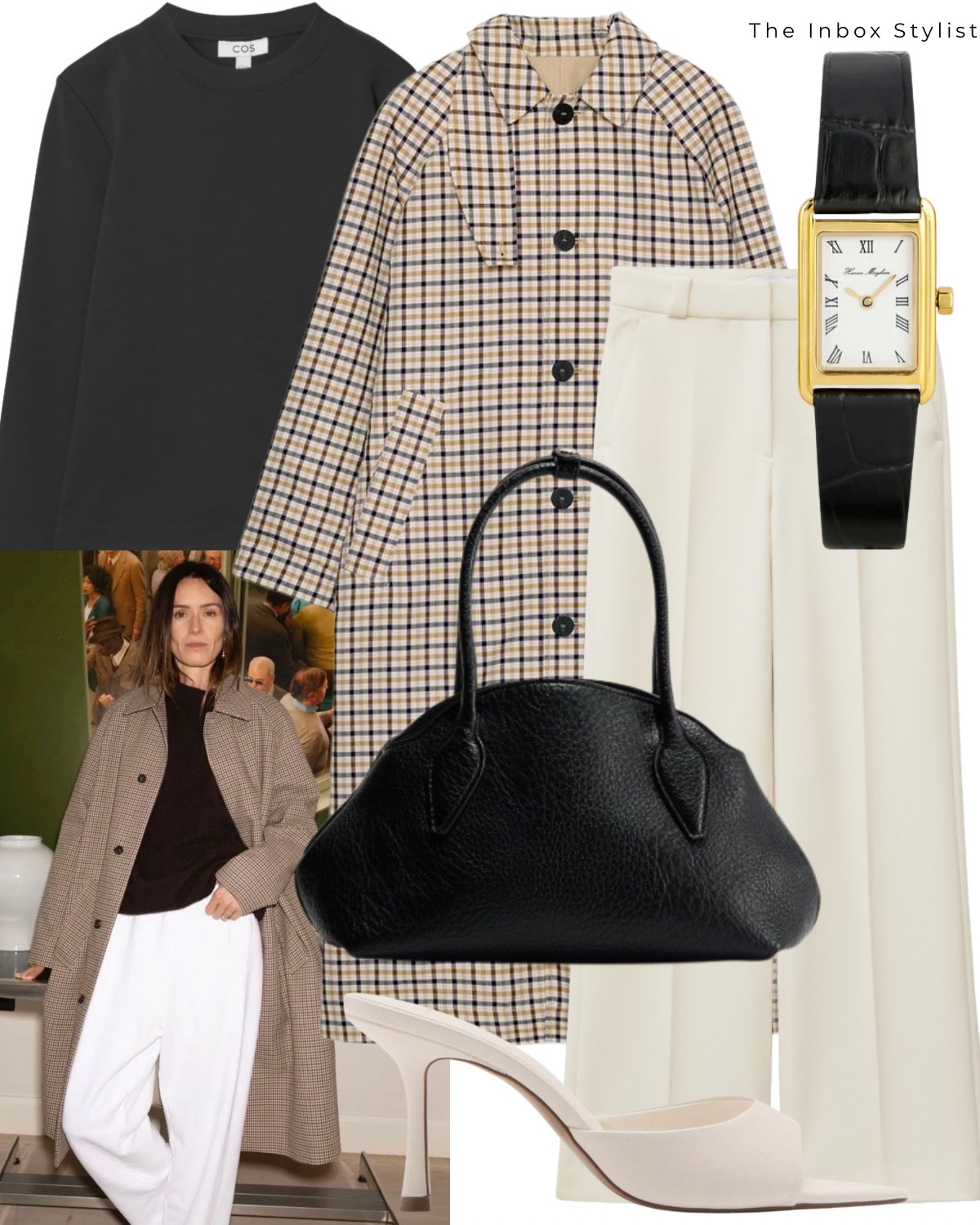 Elevate your Spring trench coat with a check print. 

Including check trench coat, black long sleeve top, white cream tailored trousers, black handbag, white mule heels, black strap gold watch. 

Trench from Zara

#LTKshoes #LTKspring #LTKbag