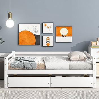 Oudiec Twin Size Daybed with 2 Drawers, Pine Wood Bedframe w/Guardrail for Boys/Girls/Teens/Kids Bedroom, Space Saving Design, No Box Spring Needed, White | Amazon (US)