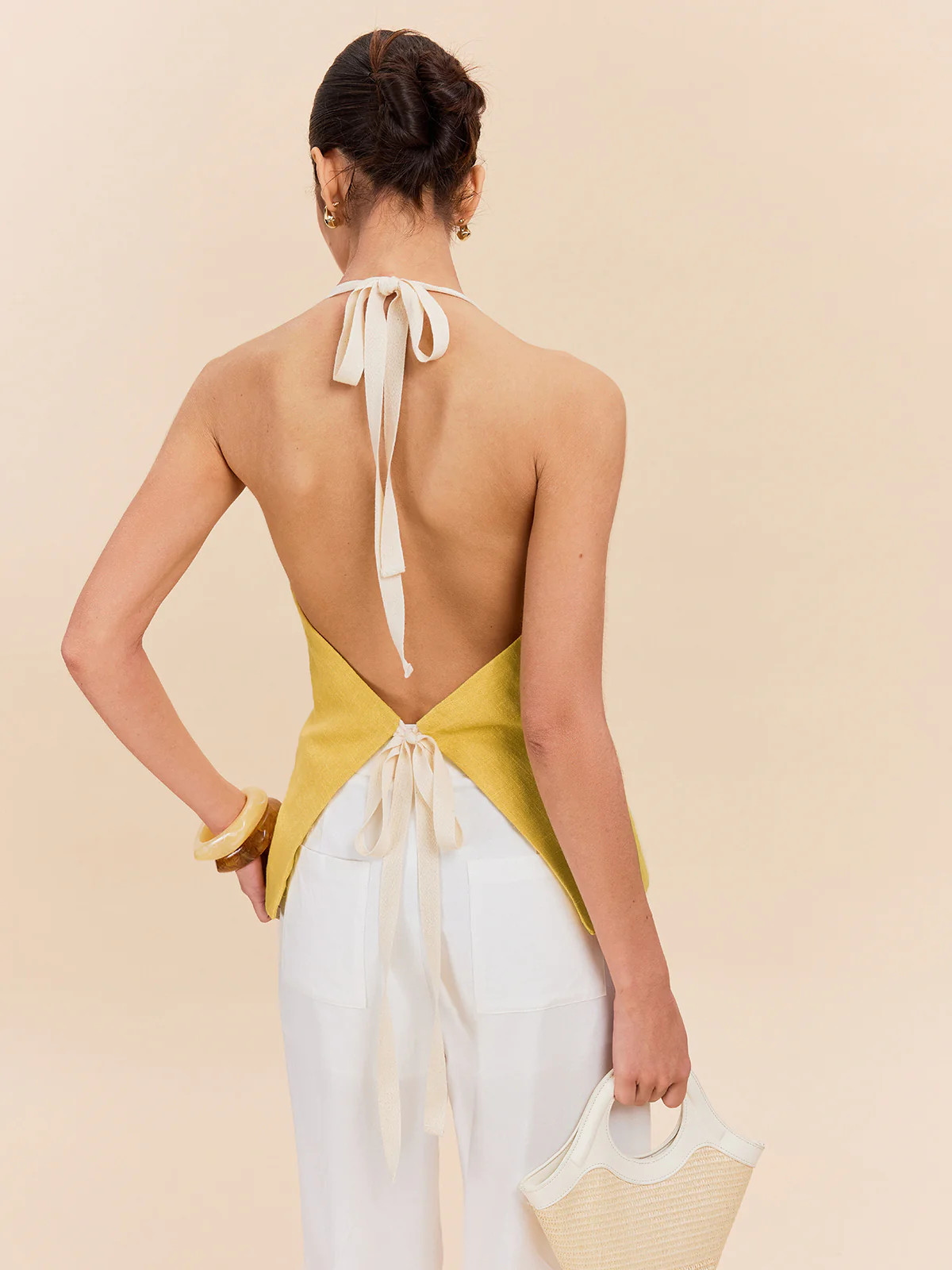 Cotton & Linen Halter Top With Decor Pocket | Commense