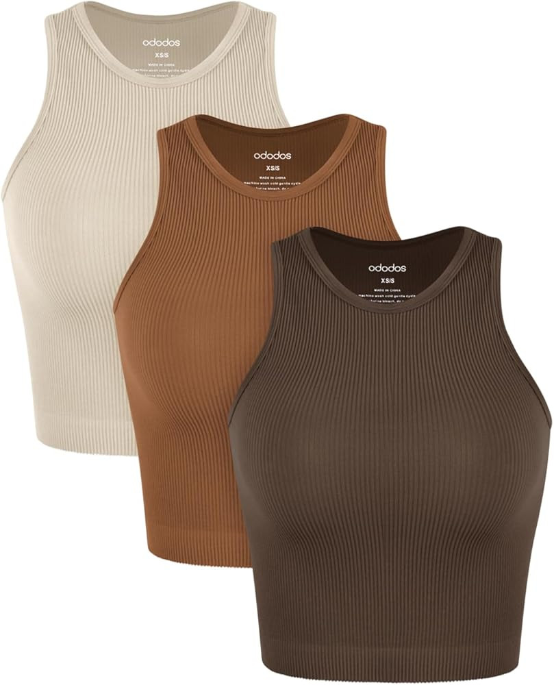 ODODOS 3-Pack Seamless Crop Tank for Women Ribbed Soft High Neck Cropped Tops | Amazon (US)