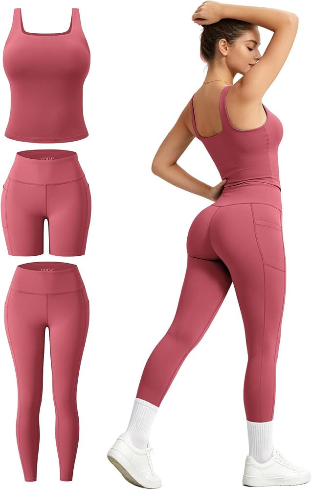 3 Piece Workout Sets for Women High Waisted Butt Lifting Leggings Tummy Control Yoga Pants with S... | Amazon (US)