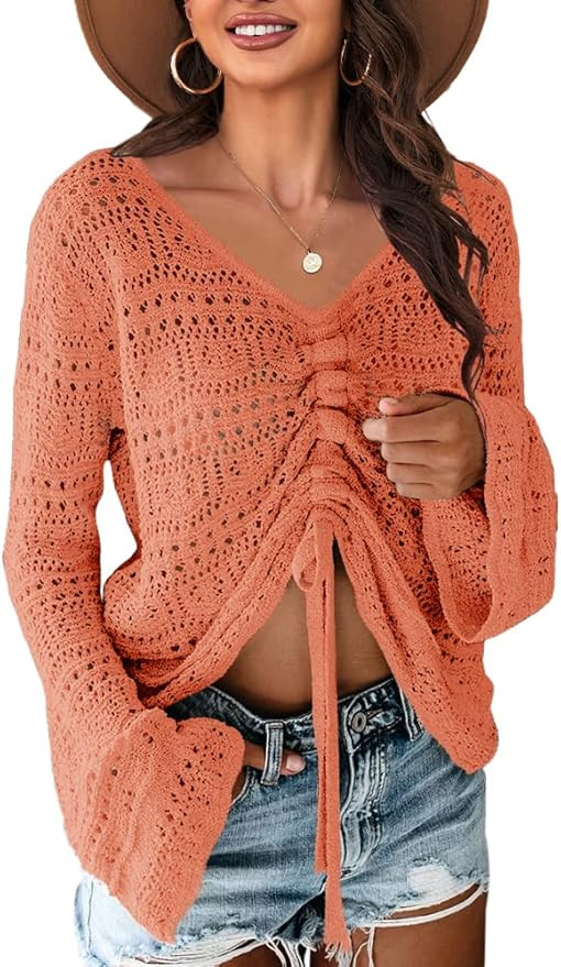 Saodimallsu Womens Summer Sweaters Bell Sleeve Tops Oversized V Neck Shirts Crochet Tie Front Ruc... | Amazon (US)