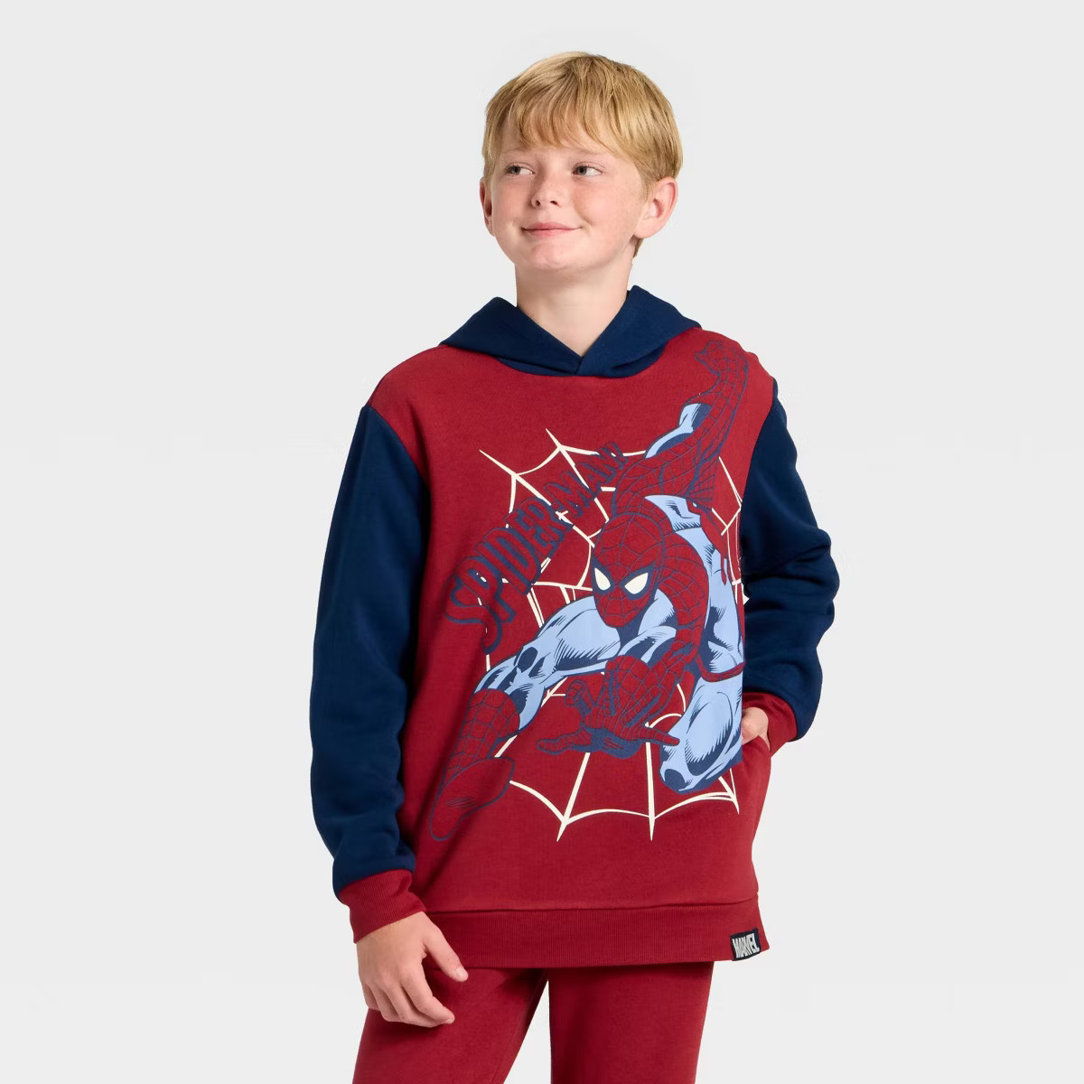 Boys' Marvel Spider-Man Colorblock Fleece Hooded Sweatshirt - Maroon/Navy Blue | Target