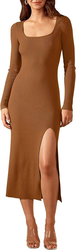 ANRABESS Women's 2023 Fall Long Sleeve Sweater Dress Square Neck Side Slit Bodycon Ribbed Knit Sl... | Amazon (US)