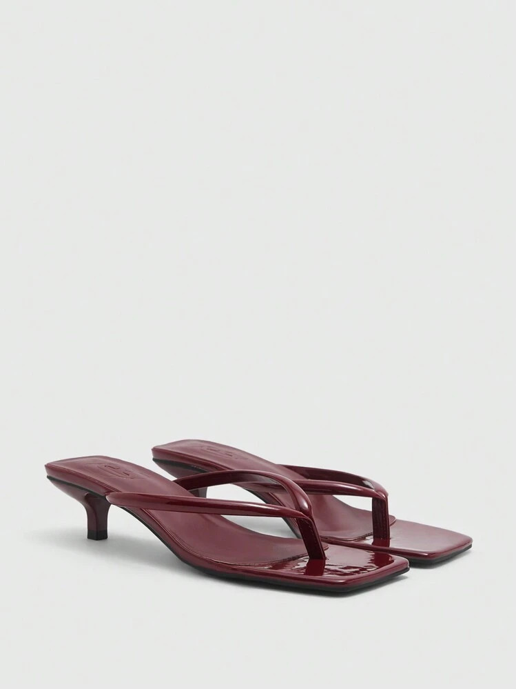 CUCCOO BIZCHIC Burgundy Glossy Patent Leather Square Toe Low Heel Comfortable Sandals, Fashion For Commute, Date, Party, Holiday Spring Shoes Spring Break Easter For Christmas Spring Shoes | SHEIN
