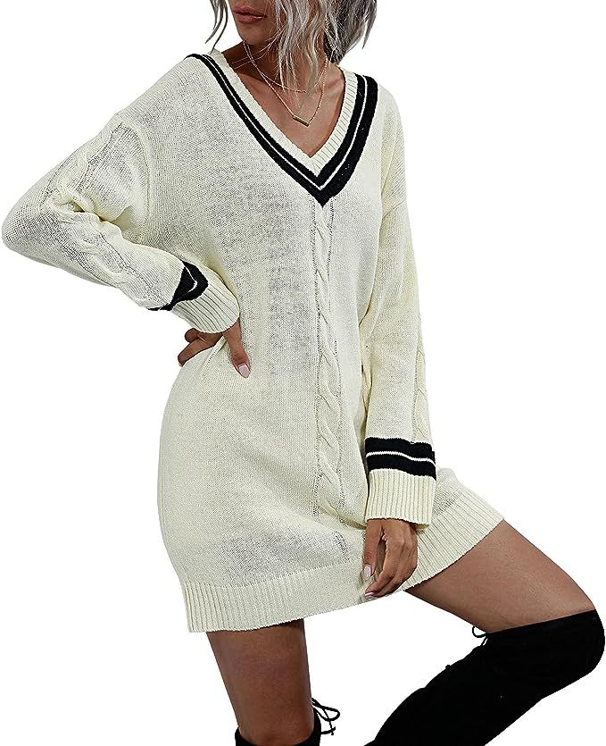 Wellwits Women's V Neck Black Stripe Cable Knit Mini Shift Sweater Dress | Amazon (US)