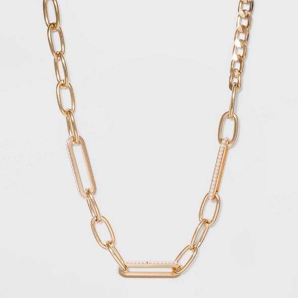 Simulated Pearl with Elongated Oval Links Inlay Chain Necklace - A New Day™ Gold | Target