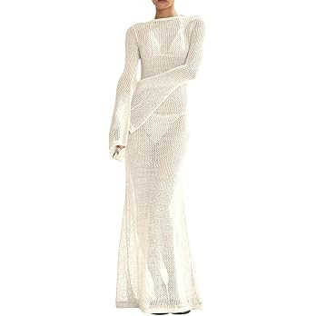 Saodimallsu Womens Crochet Cover Ups Long Sleeve Sexy Mesh Backless Knit Swimsuit Coverup Beach M... | Amazon (US)