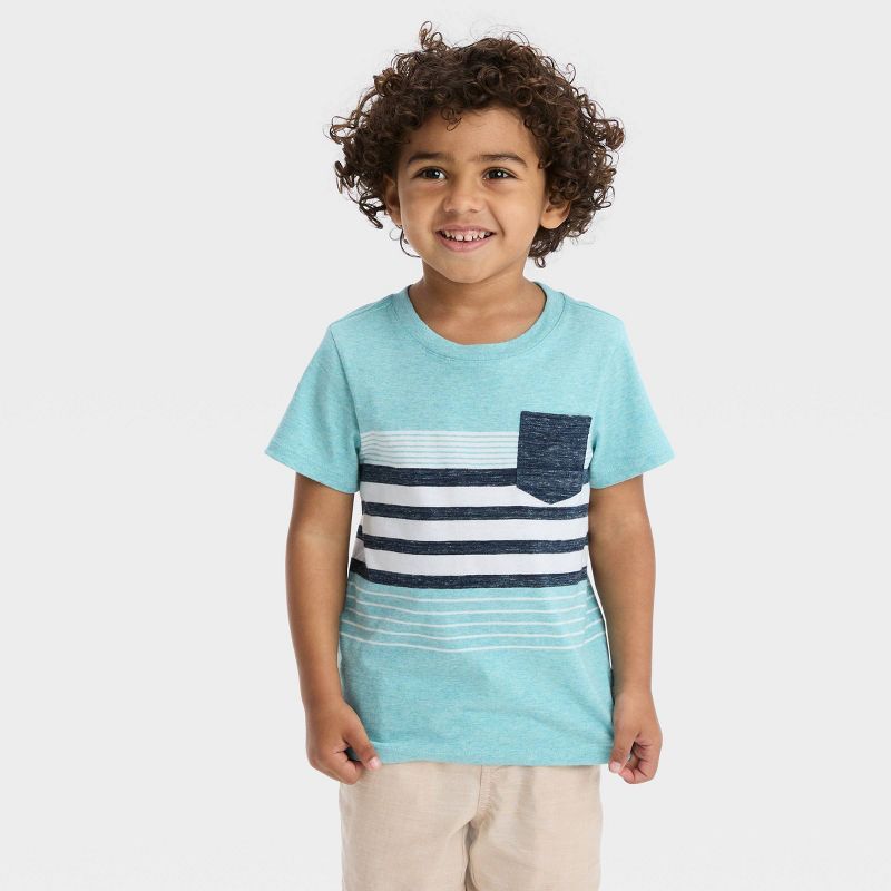 Toddler Boys' Striped Pocket Short Sleeve T-Shirt - Cat & Jack™ Teal Blue | Target