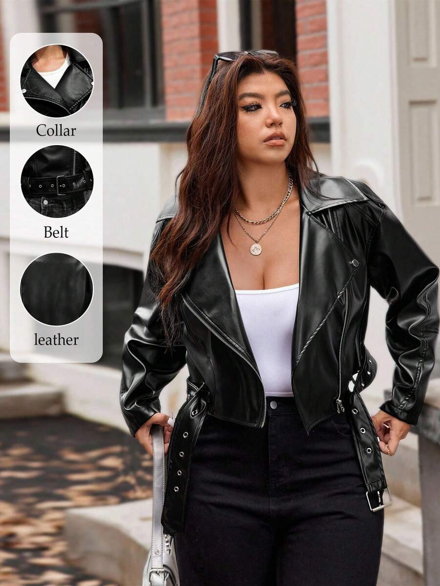 Vionelle Plus Size Women's Motorcycle PU Leather Short Jacket Winter Autumn Fall | SHEIN
