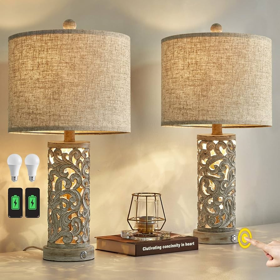 OYEARS 3-Way Dimmable 22'' Table Lamp Set of 2 for Living Room Bedroom Farmhouse Vintage Retro Be... | Amazon (US)
