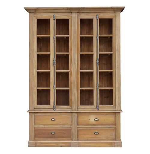 Dustin French Country Brown Reclaimed Wood 4 Drawer Closed Back Bookcase | Kathy Kuo Home