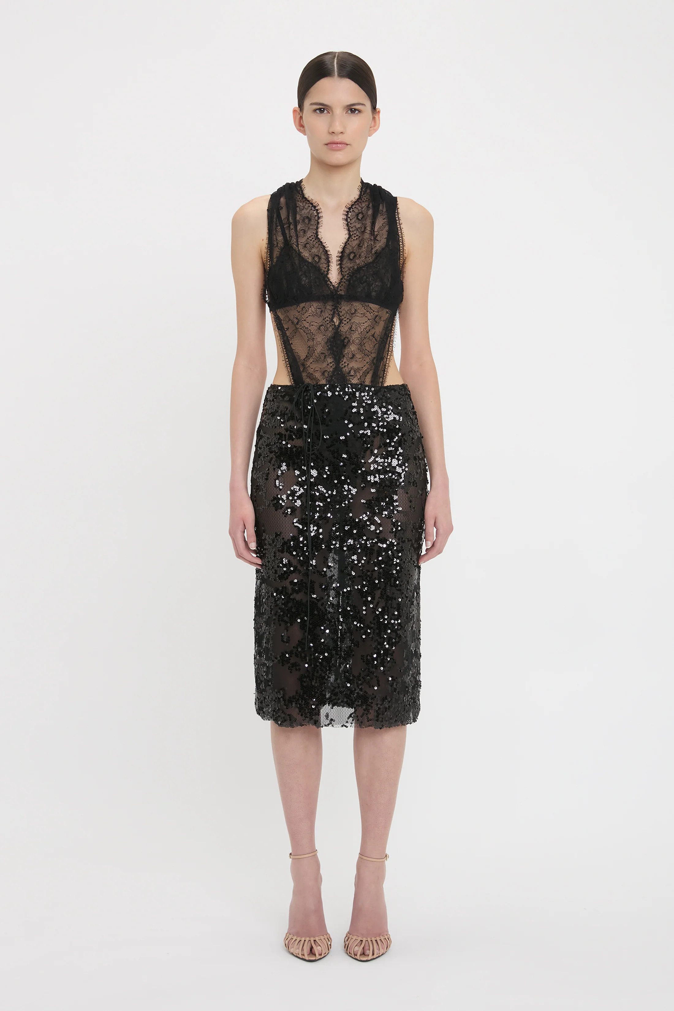 Sheer Sequin Pencil Skirt In Black | Victoria Beckham US