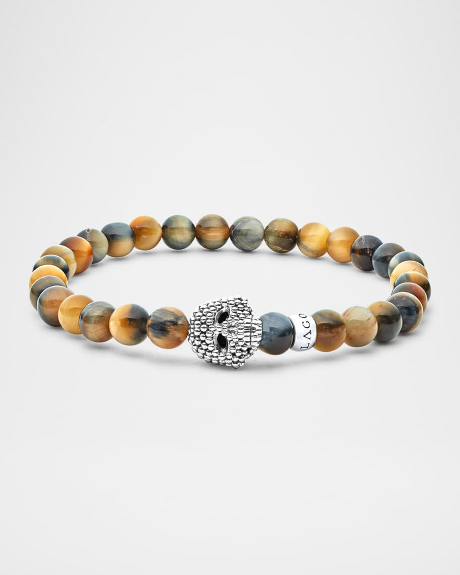 LAGOS Men's Anthem Tiger's Eye and Caviar Skull Beaded Bracelet | Neiman Marcus