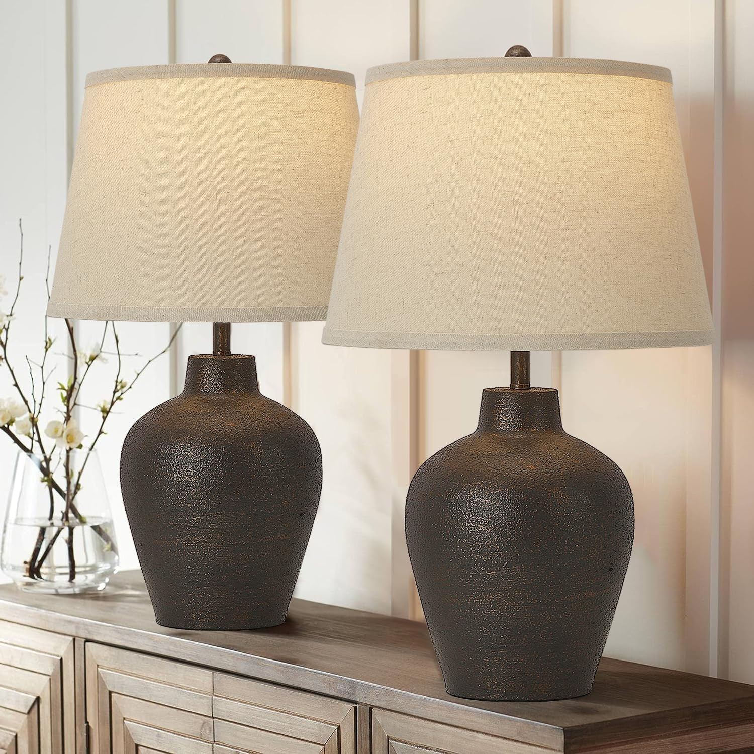 BrightWe Farmhouse Rustic Table Lamps Set of 2 for Bedroom Living Room End Table Dark Brown Terracotta Nightstand Lamps Bedside Lamps Home Decor 21” Tall Resin Table Lamp, Bulbs Included | Amazon (US)