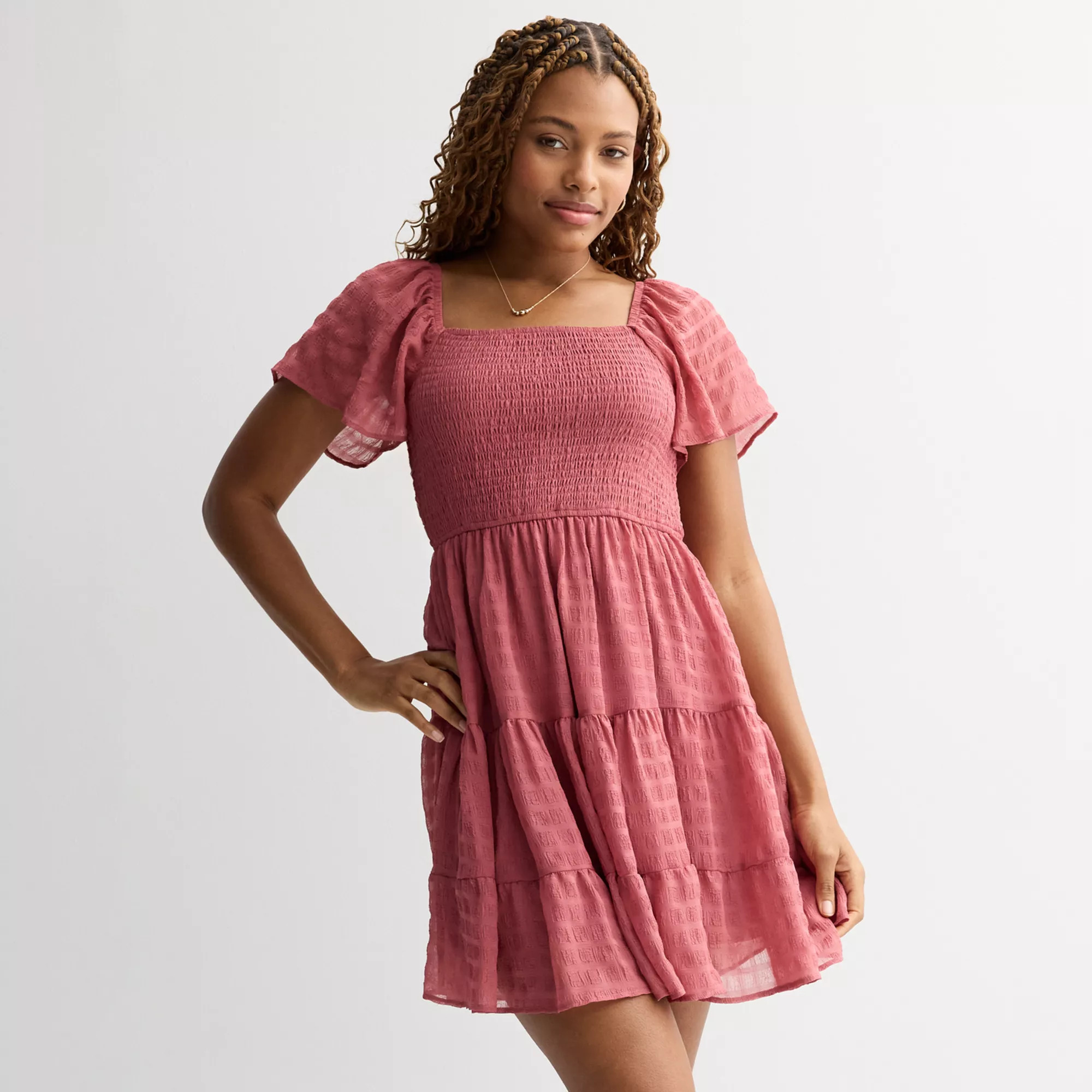 Juniors' Rewind Smocked Bodice Tiered Short Sleeve Dress | Kohl's
