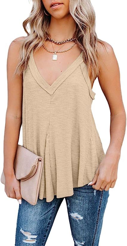 Meetrendi Women's V Neck Tank Top for Summer Flowy Ribbed Camisole Loose Fit Casual Tanks | Amazon (US)
