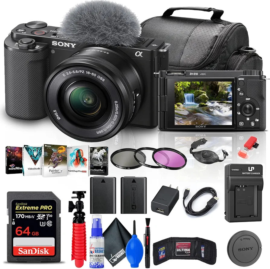 Sony ZV-E10 Mirrorless Camera with 16-50mm Lens (Black) (ILCZV-E10L/B) + 64GB Memory Card + Filte... | Amazon (US)